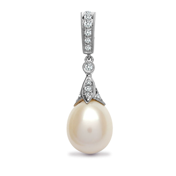 Round Necklace - 18ct White Gold Natural Diamond And Pearl Pendant - by Hearts Forever Jewellers