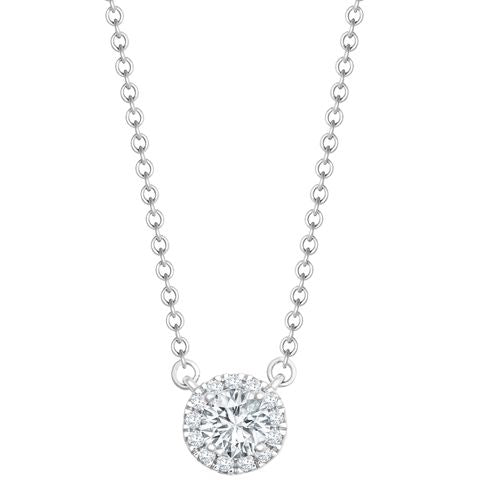Diamond Necklace - 18ct White Gold 0.08ct Natural Diamond Halo Pendant with 16"-18" Chain Extender set with a 0.25ct G SI1 Diamond - by Hearts Forever Jewellers