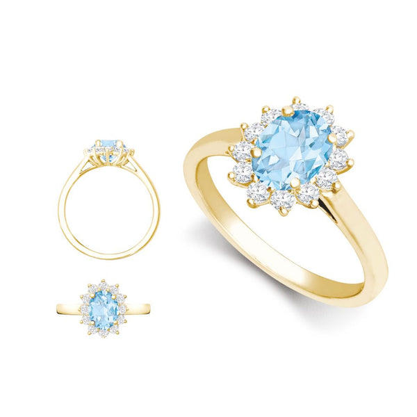 18k Rose Gold 0.75ct Ring - 18ct Yellow Gold 0.35ct Natural Diamond Claw-set Cluster Halo Oval Ring - Holds 7x5mm Aquamarine 0.75cts - by Hearts Forever Jewellers