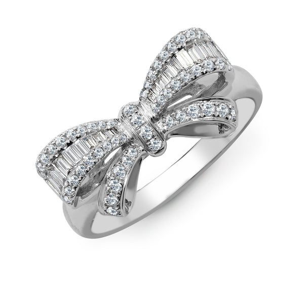 18k Rose Gold Diamond Ring - 18ct White Gold 0.46ct Natural Diamond Round Brilliant Cut & Baguette Bow Ring - by Hearts Forever Jewellers