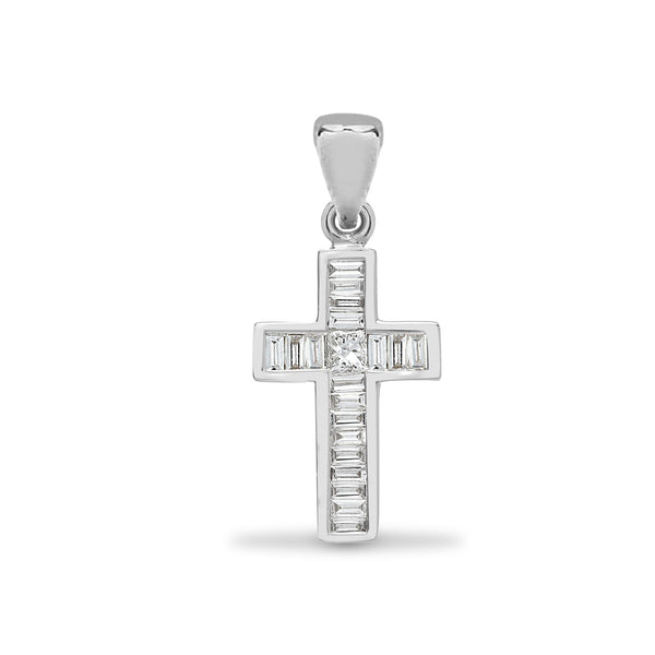 Diamond Necklace - 18ct White 0.22ct Princess Cut & Baguette Natural Diamond Cross - by Hearts Forever Jewellers