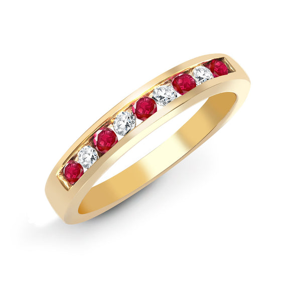 9k Rose Gold Round Ring - 9ct Yellow Gold Natural Diamond 14pts & Ruby 26pts Channel Set Half Eternity Ring - by Hearts Forever Jewellers