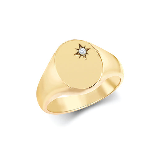 9k Rose Gold 0.06ct Ring - 9ct Yellow Gold 0.06cts Diamonds Star-set Oval Signet Ring - by Hearts Forever Jewellers