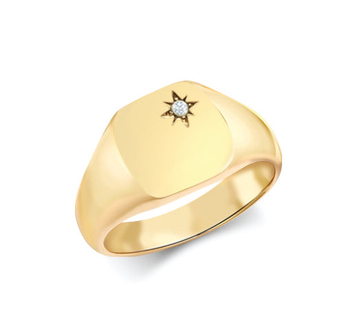 9k Rose Gold 0.06ct Ring - 9ct Yellow Gold 0.06cts Diamonds Star-set Cushion Signet Ring - by Hearts Forever Jewellers