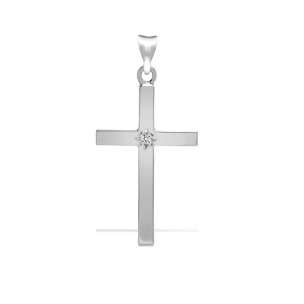 Diamond Necklace - 9ct White 0.03ct Star Set Natural Diamond Cross - by Hearts Forever Jewellers