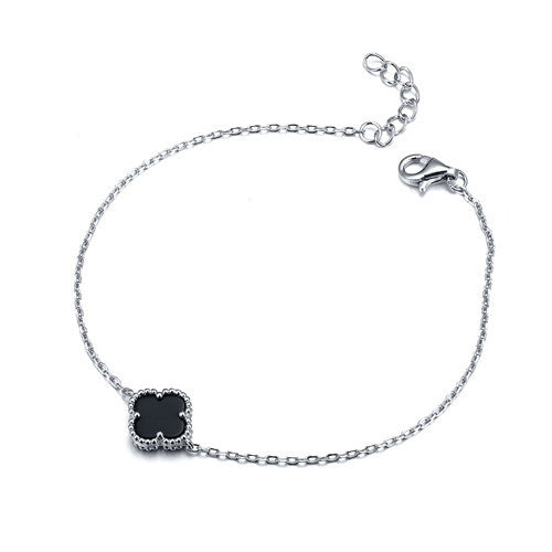 Sterling Silver Bracelet - 925 Silver Rhodium Clover Bracelet Onyx - by Hearts Forever Jewellers
