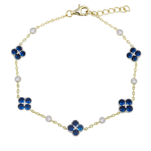 Sterling Silver Oval Bracelet - 925 Silver 14ct Gold Plated CZ Set Clover Bracelet Blue - by Hearts Forever Jewellers