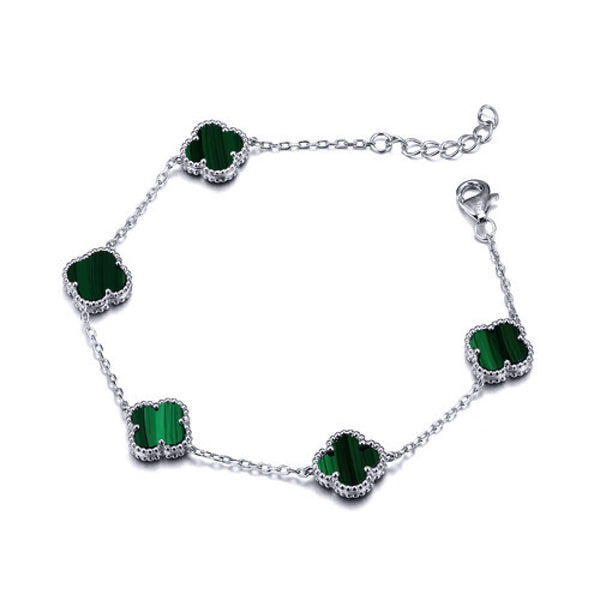Sterling Silver Bracelet - 925 Silver Rhodium Plated Green Malachite Clover Bracelet - by Hearts Forever Jewellers