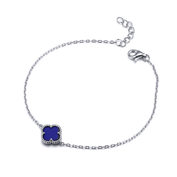 Sterling Silver Bracelet - 925 Silver Rhodium Plated Single Blue Agate Clover Bracelet - by Hearts Forever Jewellers