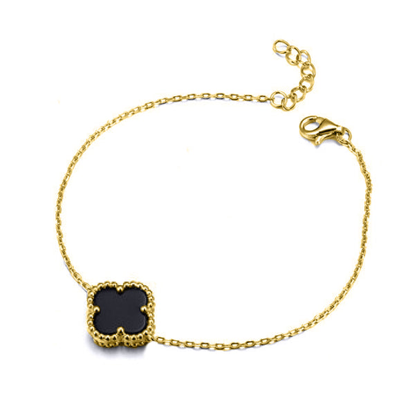 Sterling Silver Bracelet - 925 Silver 14ct gold Plated Single Clover Bracelet Black Onyx Colour - by Hearts Forever Jewellers