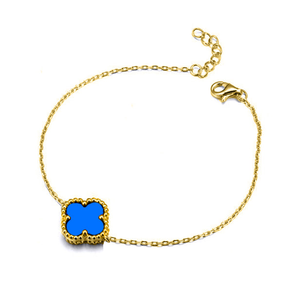 Sterling Silver Bracelet - 925 Silver 14ct gold Plated Single Clover Bracelet Black Onyx Colour - by Hearts Forever Jewellers