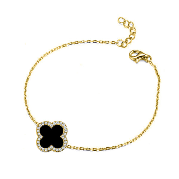 Sterling Silver Cubic Zirconia Bracelet - 925 Silver Rhodium CZ Set Single Clover Bracelet Black Onyx Colour - by Hearts Forever Jewellers
