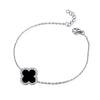 Sterling Silver Cubic Zirconia Bracelet - 925 Silver Rhodium CZ Set Single Clover Bracelet Black Onyx Colour - by Hearts Forever Jewellers