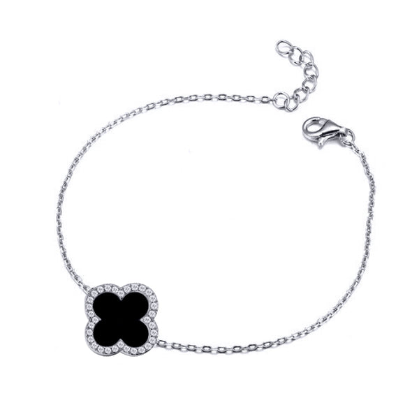 Sterling Silver Cubic Zirconia Bracelet - 925 Silver Rhodium CZ Set Single Clover Bracelet Black Onyx Colour - by Hearts Forever Jewellers
