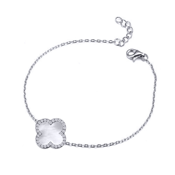 Sterling Silver Cubic Zirconia Bracelet - 925 Silver Rhodium CZ Set Single Clover Bracelet Black Onyx Colour - by Hearts Forever Jewellers