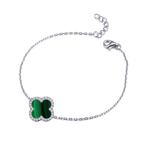 Sterling Silver Cubic Zirconia Bracelet - 925 Silver Rhodium CZ Set Single Clover Bracelet Black Onyx Colour - by Hearts Forever Jewellers