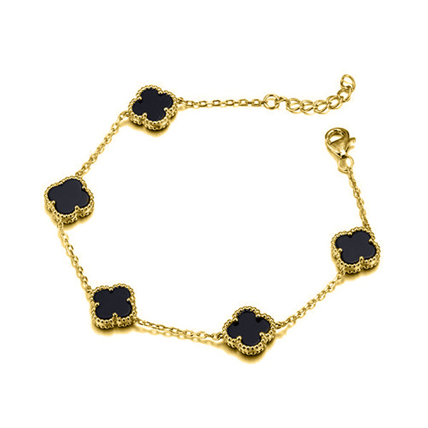 Sterling Silver Bracelet - 925 Silver 14ct gold Plated 5 Clover Bracelet Black Onyx Colour - by Hearts Forever Jewellers