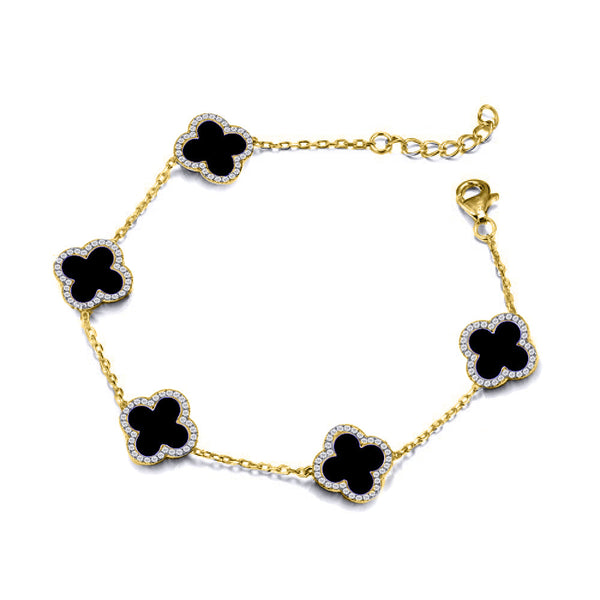 Sterling Silver Cubic Zirconia Bracelet - 925 Silver Rhodium CZ Set 5 Clover Bracelet Black Onyx Colour - by Hearts Forever Jewellers