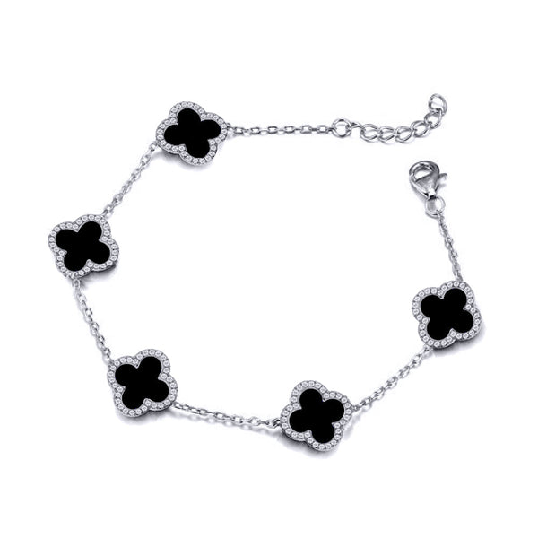 Sterling Silver Cubic Zirconia Bracelet - 925 Silver Rhodium CZ Set 5 Clover Bracelet Black Onyx Colour - by Hearts Forever Jewellers