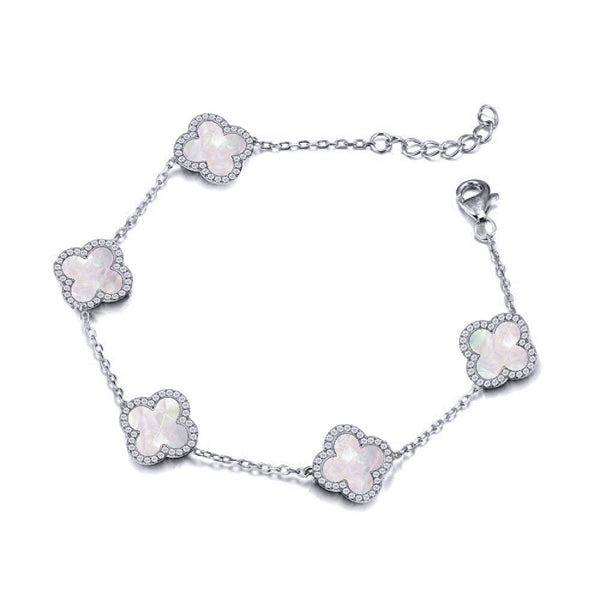 Sterling Silver Cubic Zirconia Bracelet - 925 Silver Rhodium CZ Set 5 Clover Bracelet Black Onyx Colour - by Hearts Forever Jewellers