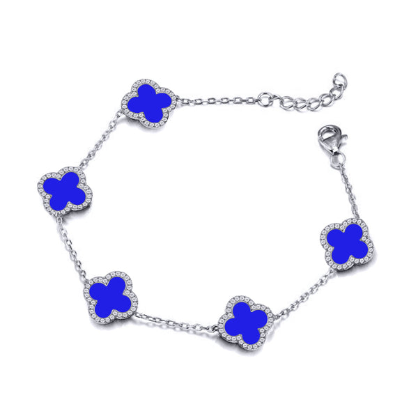 Sterling Silver Cubic Zirconia Bracelet - 925 Silver Rhodium CZ Set 5 Clover Bracelet Black Onyx Colour - by Hearts Forever Jewellers