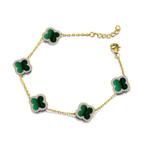 Sterling Silver Cubic Zirconia Bracelet - 925 Silver Rhodium CZ Set 5 Clover Bracelet Black Onyx Colour - by Hearts Forever Jewellers