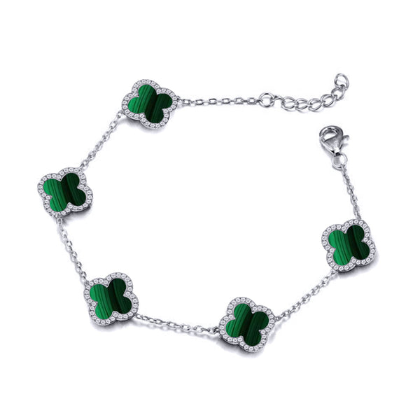 Sterling Silver Cubic Zirconia Bracelet - 925 Silver Rhodium CZ Set 5 Clover Bracelet Black Onyx Colour - by Hearts Forever Jewellers
