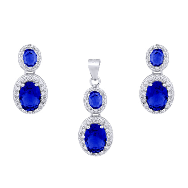 Sterling Silver Oval Ring - 925 Silver Rhodium Princess Kate Sapphire Centre CZ Earrings and Pendant Set - by Hearts Forever Jewellers