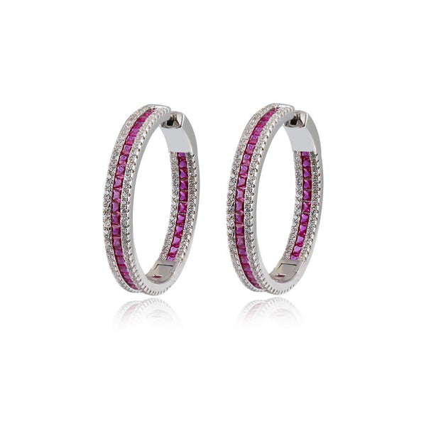 Sterling Silver Cubic Zirconia Ring - 925 Silver Red & White CZ Set Hoop Earrings 18mm - by Hearts Forever Jewellers