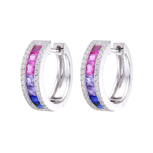 Sterling Silver Cubic Zirconia Ring - 925 Silver Rhodium Plated Multi Col CZ Set Huggie Earrings - by Hearts Forever Jewellers