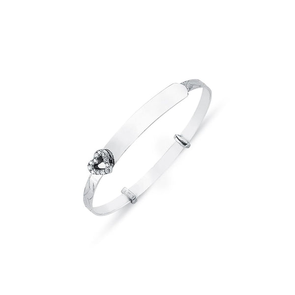 Sterling Silver Cubic Zirconia Bracelet - 925 Sterling Silver CZ Set Heart Diamond Cut Id Expanding Baby / Childrens Bangle - by Hearts Forever Jewellers