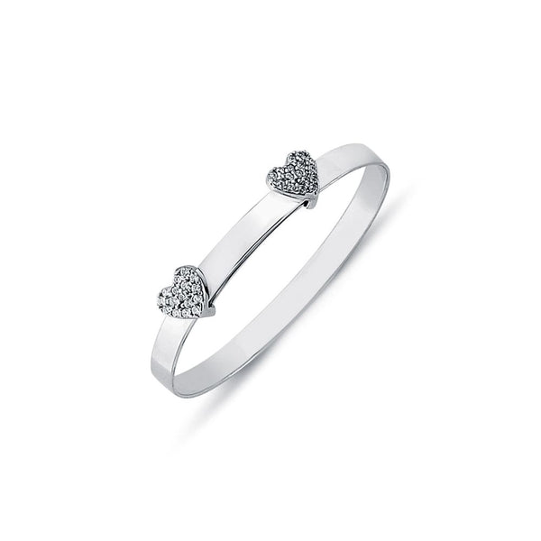 Sterling Silver Cubic Zirconia Bracelet - 925 Sterling Silver CZ Set Twin Heart Expanding Baby / Childrens Bangle - by Hearts Forever Jewellers