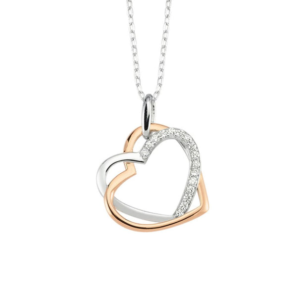 Sterling Silver Cubic Zirconia Necklace - 925 Silver CZ Set Double Heart Necklace - by Hearts Forever Jewellers