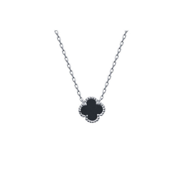 Sterling Silver Necklace - 925 Silver Rhodium Clover Necklace Onyx - by Hearts Forever Jewellers