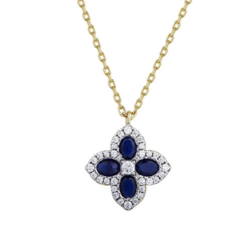 Sterling Silver Oval Necklace - 925 Silver 14ct Gold Plated CZ Set Clover Necklace Blue - by Hearts Forever Jewellers