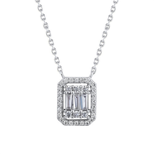 Sterling Silver Cubic Zirconia Necklace - 925 Silver Rhodium Plated CZ Set Emerald Shape Cluster Necklace - by Hearts Forever Jewellers