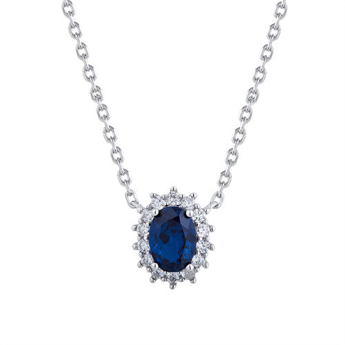 Sterling Silver Cubic Zirconia Necklace - 925 Silver Rhodium Plated CZ Set Princess Kate Necklace Blue - by Hearts Forever Jewellers