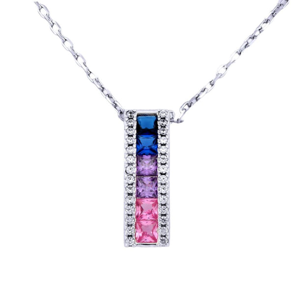 Sterling Silver Cubic Zirconia Necklace - 925 Silver Rhodium Plated Multi Col CZ Set Bar Necklace - by Hearts Forever Jewellers