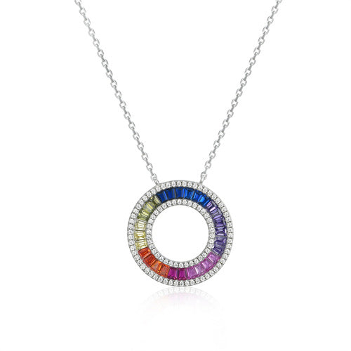 Sterling Silver Cubic Zirconia Necklace - 925 Silver Rhodium Plated Multi Col CZ Set Circle of Life Necklace - by Hearts Forever Jewellers
