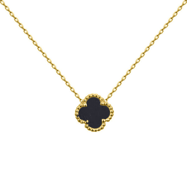 Sterling Silver Necklace - 925 Silver Rhodium Single Clover Necklace Black Onyx Colour - by Hearts Forever Jewellers