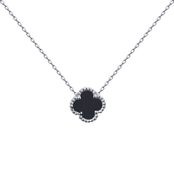 Sterling Silver Necklace - 925 Silver Rhodium Single Clover Necklace Black Onyx Colour - by Hearts Forever Jewellers