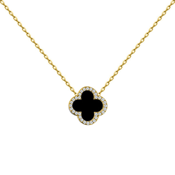 Sterling Silver Cubic Zirconia Necklace - 925 Silver Rhodium CZ Set Single Clover Necklace Black Onyx Colour - by Hearts Forever Jewellers