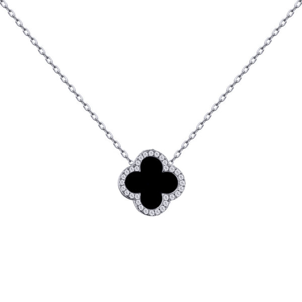 Sterling Silver Cubic Zirconia Necklace - 925 Silver Rhodium CZ Set Single Clover Necklace Black Onyx Colour - by Hearts Forever Jewellers