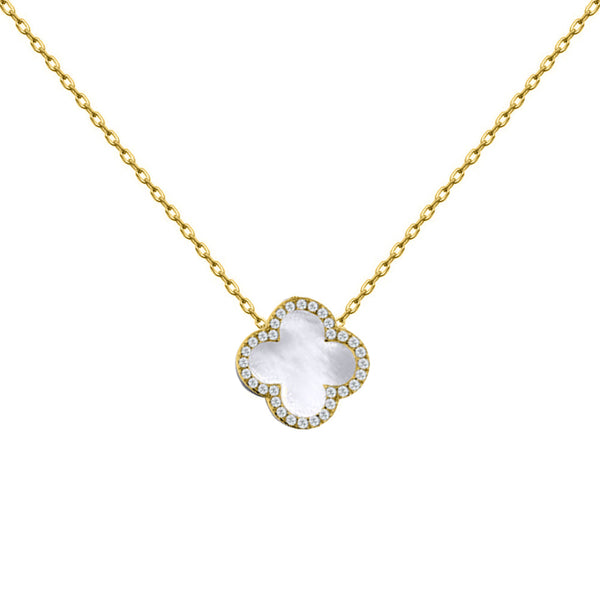 Sterling Silver Cubic Zirconia Necklace - 925 Silver Rhodium CZ Set Single Clover Necklace Black Onyx Colour - by Hearts Forever Jewellers