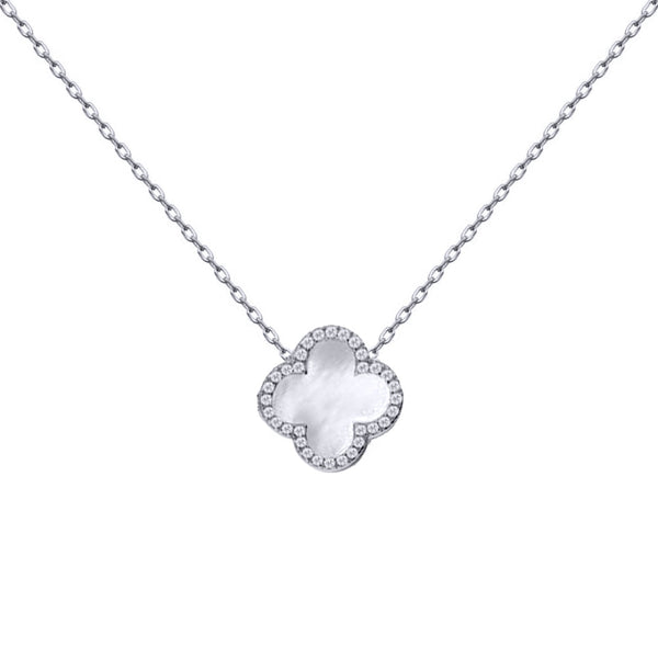 Sterling Silver Cubic Zirconia Necklace - 925 Silver Rhodium CZ Set Single Clover Necklace Black Onyx Colour - by Hearts Forever Jewellers