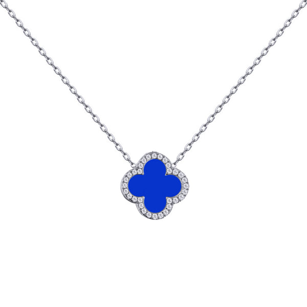 Sterling Silver Cubic Zirconia Necklace - 925 Silver Rhodium CZ Set Single Clover Necklace Black Onyx Colour - by Hearts Forever Jewellers
