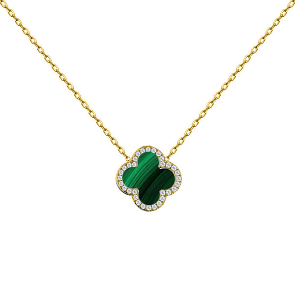 Sterling Silver Cubic Zirconia Necklace - 925 Silver Rhodium CZ Set Single Clover Necklace Black Onyx Colour - by Hearts Forever Jewellers