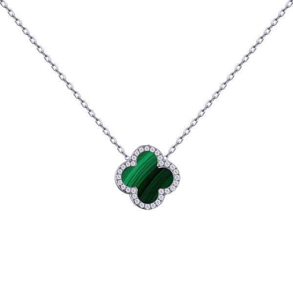 Sterling Silver Cubic Zirconia Necklace - 925 Silver Rhodium CZ Set Single Clover Necklace Black Onyx Colour - by Hearts Forever Jewellers
