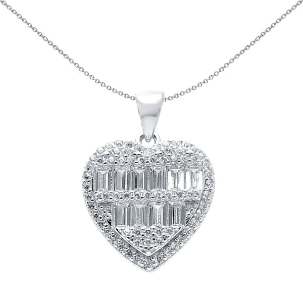 Sterling Silver Cubic Zirconia Necklace - 925 Silver CZ Brilliant and Baguette Cut Heart - by Hearts Forever Jewellers