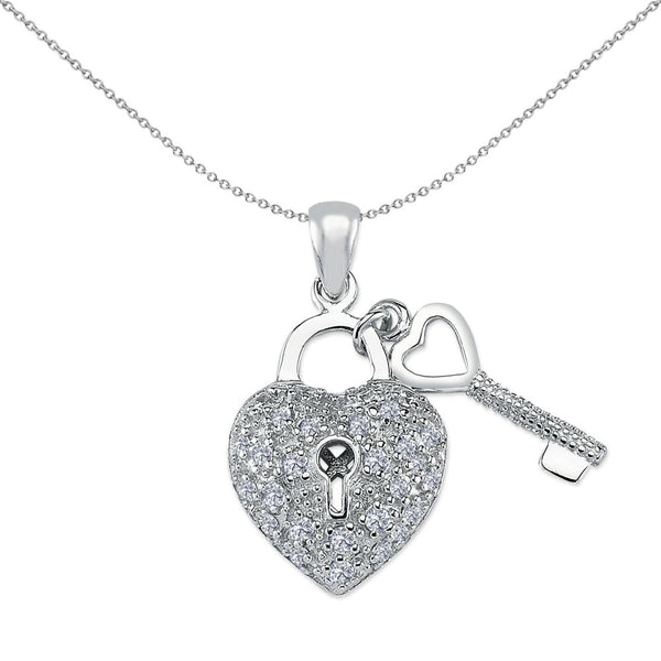 Sterling Silver Cubic Zirconia Necklace - 925 Silver CZ Heart and key Pendant - by Hearts Forever Jewellers